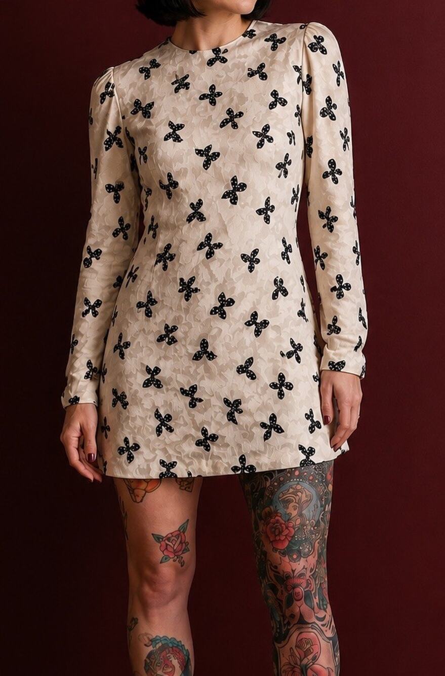 Vintage Adrianna Papell 100% Silk Jacquard Mini Dress Tunic Cream Navy Bow Sz XS